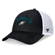 Complete your Philadelphia Eagles ensemble with this Slogan Trucker Adjustable Hat from Fanatics. The mesh mid and rear panels allow for ultimate breathability, while the embroidered team slogan and logo across the front panels let everyone know who you're rooting for. With its adjustable snap closure and unstructured, relaxed fit, this hat provides all-day comfort whether you're cheering on the Philadelphia Eagles from the stands or showing your support around town. Black Trucker Hat For Sports Events With Letter Print, Black Trucker Hat With Letter Print For Sports Events, Black Trucker Hat With Letter Print For Fans, Black Sports Fan Trucker Hat For Fan Merchandise, Black Sports Fan Trucker Hat, Black Mesh Snapback Hat For Sports, Black Trucker Hat With Letter Print For Game Day, Adjustable Trucker Hat With Embroidered Logo For Sports, Black Hats With Letter Print For Fan Gear