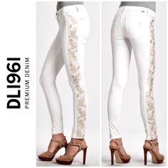 Dl1961 Premium Denim Emma Chantilly Side-Embroidery Leggings Dl1961 Premium Denim Moves 360 Like A Performance Fabriceliminating Sag, Bag, And Loss Of Shape, While Maintaining The Integrity And Structure Of The Style, Even After Repeated Wears. * Emma Fit In Chantilly (White) With Botanical Embroidery Down Legs. * Approx. 8 1/4" Rise Sits At Hips. * 29" Inseam. * Very Fitted Through Skinny Legs. * 10" Approx. Leg Openings. * Faux Five-Pocket Style. * Cotton/Polyester * New Without Tags Fitted White Embroidered Bottoms, Fitted Embroidered White Pants, Fitted White Embroidered Pants, White Embroidered Jeans For Spring, Spring White Embroidered Jeans, White Embroidered Cotton Jeans, Botanical Embroidery, Dl1961 Jeans, Premium Denim