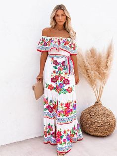 Off The Shoulder Long Dress, Outfit Mexicano, Female Streetwear, Elegant Party Dresses, Dress Slim, Bridal Party Dresses, Vestidos Vintage, White Floral Dress, Elegant Party