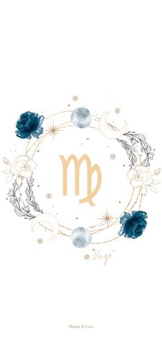 the zodiac sign is surrounded by blue flowers