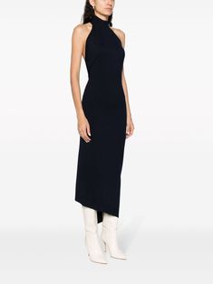 funnel-neck sleeveless ribbed-knit dress from FENDI featuring navy blue, stretch-wool, ribbed knit, ribbed-knit edge, high neck, sleeveless, fitted waistline, open back, central rear vent, asymmetric hem and mid-length.This piece fits true to size. We recommend you get your regular sizeModel is 1,75m / 5ft 8in wearing size 40 (IT) Fendi Dress, Mid Skirt, Knit Edge, High Neck Sleeveless, Ribbed Knit Dress, Sweaters Knitwear, Blue Design, Emilio Pucci, Funnel Neck