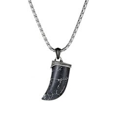 "Take a bit out of life with this black ion-plated stainless steel tooth necklace. Take a bit out of life with this black ion-plated stainless steel tooth necklace. Pendant size: 1.59""L x 0.61""W Chain length: 24 in. Chain type: snake Clasp: lobster-claw Metal: stainless steel Plating: black ion plated Finish: polished Packaging: boxed Please note, due to the high value of this item, a signature may be required upon delivery. Size: 24"". Gender: male. Age Group: adult." Durable Black Stainless Steel Jewelry, Black Metal Necklace With Box Chain, Black Metal Box Chain Necklaces, Black Metal Jewelry With Box Chain, Black Stainless Steel Chain Necklace, Black Stainless Steel Necklace, Black Stainless Steel Necklace With Lobster Clasp, Elk Tooth Necklace, Megladon Tooth Necklace