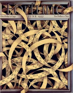 the front cover of fortune magazine with gold ribbons and words on it's back