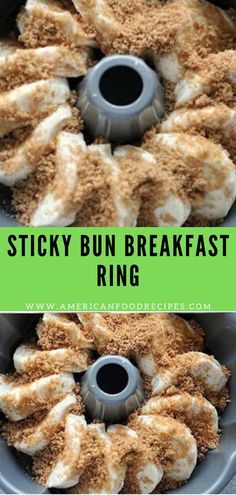 an easy sticky bun breakfast ring recipe with cinnamon crumbs and cream cheese on top