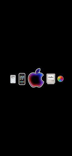 an apple logo with several different types of devices around it on a black background that appears to be in the dark