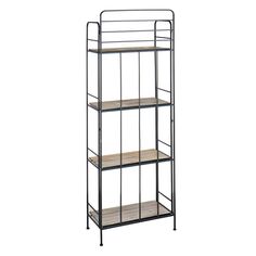 an iron and wood shelf with three shelves on each side, against a white background