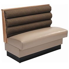 a tan and black bench with a wooden headboard on it's back end