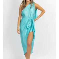 Shop Labeye. Turquoise Satin One Shoulder Wrap Dress. Never Worn. Nwt. Elegant Turquoise Sleeveless Midi Dress, Turquoise Mini Dress For Summer Party, Elegant Sleeveless Midi Dress In Turquoise, Elegant Sleeveless Turquoise Midi Dress, Sleeveless Turquoise Chic Midi Dress, Chic Turquoise Maxi Dress For Spring, Chic Sleeveless Turquoise Midi Dress, Chic Turquoise Maxi Dress For Beach, Blue One-shoulder Dress For Vacation