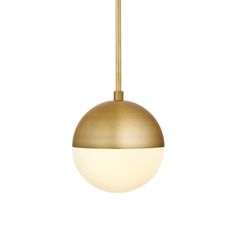 a brass colored light fixture with a white ball hanging from the ceiling, on an isolated white background