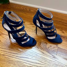 New Navy Blue Suede Maiden Lane Sandals. Size 7. Blue Strappy Sandals For Evening, Blue Strappy Evening Sandals, Blue Strappy Sandals For Formal Occasions, Blue Strappy Evening Heels, Blue Strappy Heels For Evening, Chic Blue Strappy Heels, Walker Boots, Fit N Flare Dress, Blue Suede