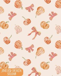 watercolor pumpkins and bows on a white background