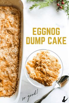 an eggnog dump cake in a baking dish with a spoon next to it