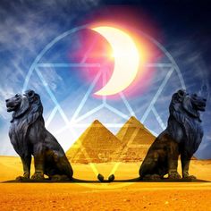 two lions sitting in front of the pyramids with a crescent over them and an orange sun