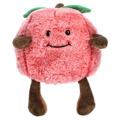 a pink stuffed apple with green leaves on it's head and legs, smiling