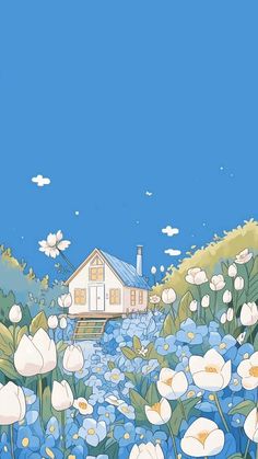 an illustration of a house in the middle of flowers with blue sky and clouds behind it