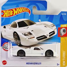 a white toy car is shown in the packaging for hot wheels'nissan r350 gt1