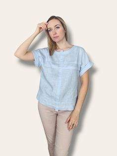 "Horizontal pleat details linen top. Stylish, simple, elegant linen blouse in a relaxed fit and casual style that you can wear on many occasions. DETAILS: - 100% linen fabric (European, softened, 170-205g/m2).  - Short roll up kimono sleeves - CUSTOM ORDERS AVAILABLE. SIZING: - Please, refer to your body measurements (before purchasing) in our size chart as the picture of this listing.  🛑 SIZE CHART IS THE BODY MEASUREMENTS. - Questions about the fit? Contact us! - Model wearing size M. Height 5′7 (170cm).   I highly recommend custom fit, so if you choose CUSTOM SIZE then send us message with your measurements: - bust width - waist width - hips width - your height  XS/ 34 EU bust 31,5\" / 80 cm hips 33,8\" / 86 cm length 23,2\" / 59 cm S/ 36 EU bust 33\" / 84 cm hips 35,5\" / 90 cm length Loose Linen Shirt, Kimono Sleeve Top, Summer Blouse, Kimono Sleeves, Short Kimono, Blouse For Women, Summer Blouses, Linen Blouse, Kimono Sleeve