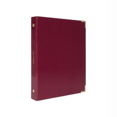 a red binder with gold trimmings on the front and bottom, against a white background