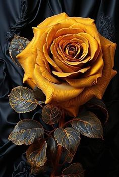 a yellow rose with green leaves on a black background