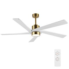 a white ceiling fan with two lights and a remote control