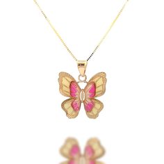 Unveil the beauty of nature with our Hand-Painted Double Butterfly Pendant in pink--a mesmerizing blend of elegance and artistry. This pendant features two delicate butterflies in harmonious flight, their wings adorned with enchanting shades of pink. Product Specifications  * 100% 14k Solid Gold * Pendant Length: 17mm / 0.67 inch * Pendant Width: 17mm / 0.67 inch  * Weight: 0.86g Dainty Link Chain          * Chain Length: adjustable loop to 16, 17, or 18 inches          * Chain Wide: 0.5 mm/  0. Pink Butterfly Charm Pendant Necklace, Pink Pendant Necklace With Butterfly Charm, Pink Butterfly Charm Pendant Jewelry, Pink Butterfly Charm Necklace For Gift, Pink Butterfly Charm Necklace, Pink Butterfly Jewelry As A Gift, Pink Butterfly Jewelry As Gift, Pink Butterfly Jewelry For Gift, Pink Butterfly Jewelry For Gifts