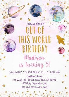 this is an image of a birthday party with planets and stars on the card,