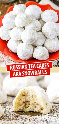 russian tea cakes are shown on a red plate and in the background is a bowl with powdered sugar balls