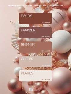 an image of christmas ornaments with the words, folds powderer shimer glitter pearls