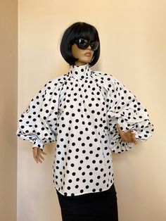 "This is a very stylish Womens cotton blouse. It is comfortable and cozy. Made for a free flowing fit. Great for all year around and for any special occasion or casual day can be dressed up or dressed down. SIZE CHART SIZE S - US 6, UK 8, EU 36 bust: bust around 34.5\"/90cm Waist: waist around 27.5\"/70cm Hips: hips around 34.5\"/90cm SIZE M - US 8, UK 10, EU 38 bust: bust around 37.5\"/95cm Waist: waist around 29.5\"/75cm Hips: hips around 37.5\"/95cm SIZE L - US 10, UK 12, EU 40 bust: bust aro Long Sleeve Polka Dot Blouse For Summer, Spring Polka Dot Blouse With Collar, Retro Cotton Blouse With Puff Sleeves, Polka Dot Blouse For Office In Fall, Casual Polka Dot Blouse With Puff Sleeves, Casual Polka Dot Puff Sleeve Blouse, Polka Dot Cotton Shirt For Spring, Spring Cotton Polka Dot Shirt, Spring Polka Dot Cotton Shirt