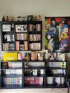 there are many books and dvds on the shelves in this room, including one that is full of anime characters