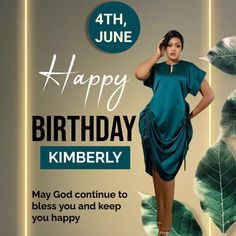 a woman in a blue dress is standing with her hands on her head and the words happy birthday kimberly