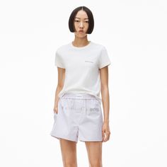 High Twist Cotton Short-sleeve Tee In A Shrunken Boxy Fit. 100% Cotton Model Is 5'10 And Wears Size S Made In China 1cc2221634100 - Color: White. Gender: Female Relaxed Fit Short Sleeve T-shirt For Daywear, Crew Neck T-shirt For Daywear, Relaxed Cotton Cropped T-shirt With Short Sleeves, Casual Short Sleeve T-shirt For Daywear, Spring Cotton T-shirt For Daywear, Cotton Relaxed Fit T-shirt For Daywear, Relaxed Fit Cotton T-shirt For Day, Boxy Cotton T-shirt For Loungewear, Cotton Loungewear T-shirt