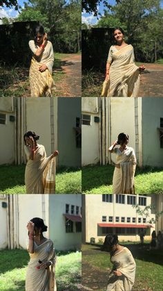 the woman is wearing a sari and talking on her cell phone while standing in front of a building