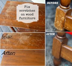 four different pictures showing how to fix scratches on wood furniture and paint them white or brown