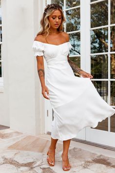 Buy the Linka Off-Shoulder Tie Back Midi Dress White | Selfie Leslie Midi Dress White, Yellow Bridesmaids, Off Shoulder Fashion, White Midi, Ruched Bodice, Blue Bridesmaids, Date Night Dresses, Clothing Tags, Head Over Heels