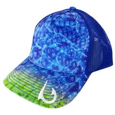 Unisex Blue Mahi Digital Print 100% Polyester Mesh Back Snapback Closure One size fits most Summer Snapback Trucker Hat With Breathable Mesh, Blue Breathable Baseball Cap For Outdoor, Blue Breathable Summer Hat, Blue Breathable Sports Hats, Breathable Blue Sports Hat, Summer Fishing Trucker Hat With Curved Brim, Summer Trucker Hat With Curved Brim For Fishing, Blue Trucker Baseball Cap With Visor, Summer Fishing Trucker Hat