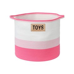 a pink and white striped storage basket with the word toys on it's side