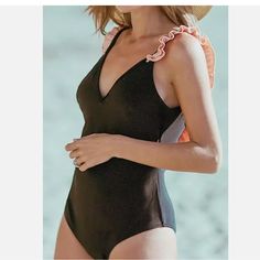 Nwt But Hygienic Liner Missing Size S Black Ruffled Swimwear For Summer, Black Ruffled Swimwear For Beach Season, Black V-neck Swimwear With Ruffles, Stretch Black Bodysuit With Ruffles, Black Summer Bodysuit With Ruffles, Black Ruffled Stretch Swimwear, Black Ruffled Summer Bodysuit, Black Sleeveless Swimwear With Ruffles, Black Sleeveless Ruffled Swimwear