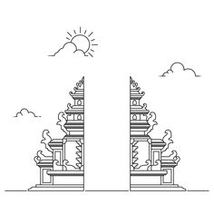 two pagodas with clouds and sun in the sky