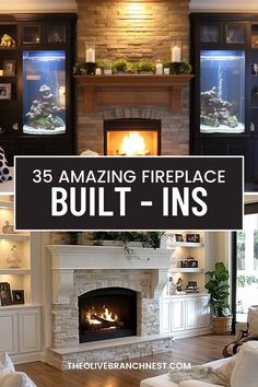 a living room filled with furniture and a fire place in the middle of it's fireplace