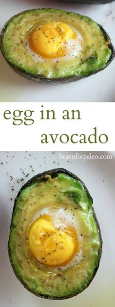 an egg in an avocado is on the table