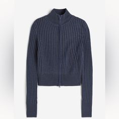 Lemme Blue Mock Turtleneck Ribbed Sweater Fitted Blue Tops With Ribbed Cuffs, Blue Ribbed Outerwear For Winter, Winter Blue Ribbed Outerwear, Fitted Blue Sweater With Ribbed Collar, Fitted Blue Outerwear With Ribbed Cuffs, H&m Blue Winter Outerwear, Polka Dot Blazer, Lace Blazer, Black Suit Jacket