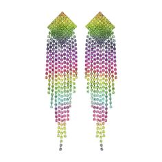 Diamond Drop Rainbow Rhinestone Fringe Earrings. Earrings measure 1 inch wide. Weight(lbs) 0.20 Color Rainbow Size 4.15 inches Plating Rhodium Elegant Rainbow Rhinestone Jewelry, Multicolor Metal Crystal Earrings With Rhinestones, Multicolor Rhinestone Crystal Earrings, Multicolor Crystal Chandelier Drop Earrings, Multicolor Crystal Chandelier Earrings, Rainbow Crystal Jewelry With Rhinestones, Multicolor Crystal Bling Earrings, Rainbow Fringe, Rhinestone Fringe