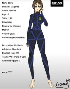 a woman in a blue and black bodysuit standing next to an anime character's name