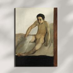 a painting of a naked man sitting on a bed in front of a white wall