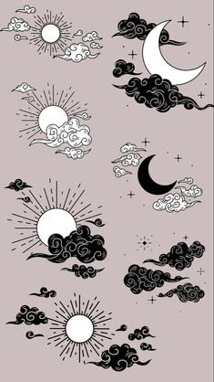 the sun, moon and clouds are in black and white