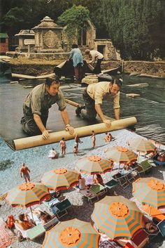 two men working on an outdoor pool with umbrellas and beach chairs in the foreground