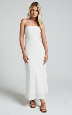 Zeita Maxi Dress - Strapless Fit and Flare Dress in White | Showpo USA Bandeau Strapless Dress For Summer Wedding, Spring Bandeau Strapless Dress For Bridesmaids, Summer Maxi Dress With Straight Neckline For Bridesmaid, Chic Strapless Maxi Dress For Wedding, Maxi Dress With Straight Neckline For Bridesmaid In Summer, Bridesmaid Maxi Dress With Straight Neckline For Summer, White Spring Maxi Dress With Straight Neckline, White Maxi Dress With Straight Neckline For Spring, Spring Bandeau Strapless Bridesmaid Dress