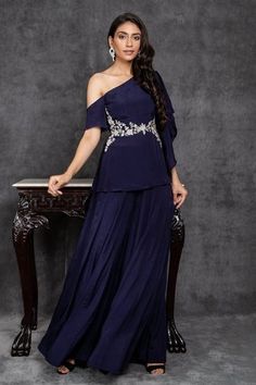 Shop for Sunita Bhandari Blue Viscose Crepe One Shoulder Draped Top And Palazzo Set for Women Online at Aza Fashions Flare Palazzo Pants, Flared Palazzo, Churidar Designs, Palazzo Pant, Palazzo Set, Draped Top, Pants Fit, Indian Wedding Outfits, Indian Fashion Designers