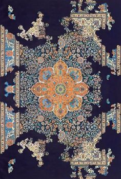 an intricately designed rug with blue and orange colors